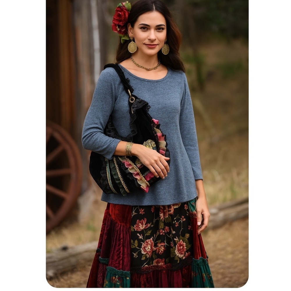 Black Velvet Boho Hobo Bag with Lace Ruffles Sequins & Floral Applique